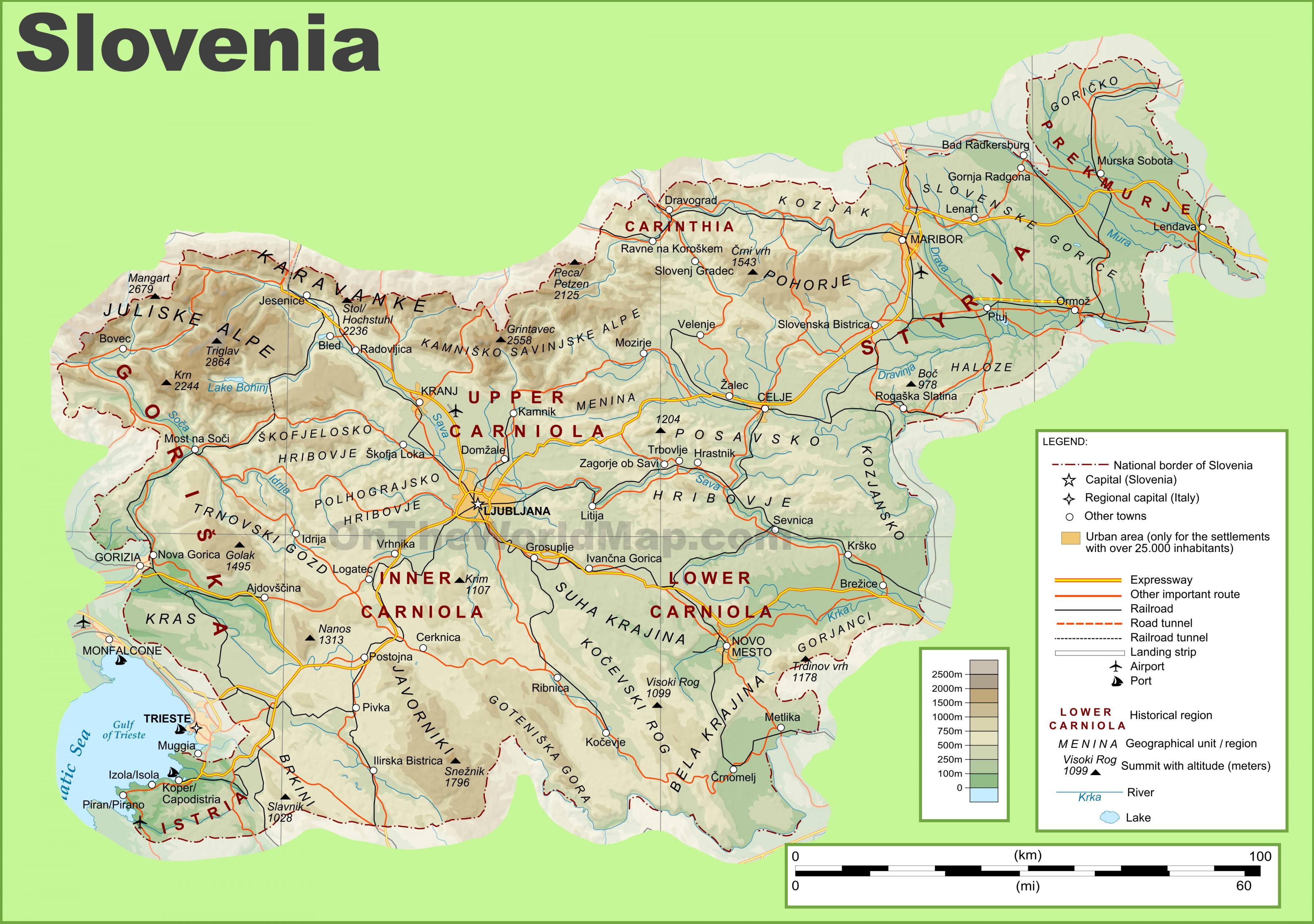 Slovenia fyysinen kartta - Kartta Slovenia fyysinen (Etelä-Euroopassa -  Eurooppa)